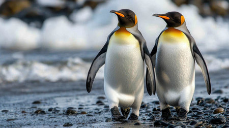 Two king penguins walk side by side along a rocky beach, with icy waters in the background, showcasing their vibrant colors and distinctive features.の素材