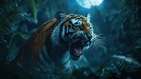 A fierce tiger roars under a glowing moon, surrounded by lush jungle foliage, creating a dramatic and mysterious nighttime scene.の素材