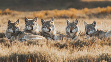 A serene group of five wolves resting together in a golden field, showcasing their majestic features in a natural habitat.の素材