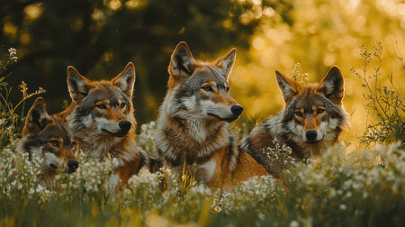 Four coyotes rest together in a sunlit meadow, surrounded by wildflowers, showcasing their alertness and natural beauty.の素材