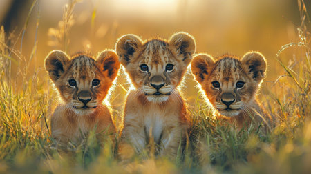 Three adorable lion cubs sit together in golden grass, illuminated by soft sunlight, showcasing their playful and curious nature.の素材