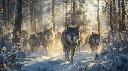 A pack of wolves moves through a snowy forest, illuminated by soft golden light, creating a mystical atmosphere in a winter landscape.の素材