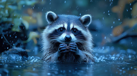 A raccoon is partially submerged in water, surrounded by raindrops, showcasing its curious expression and wet fur in a serene, natural setting.の素材