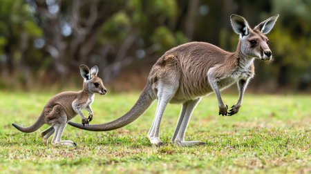 A kangaroo and her joey are seen in a lush green field, showcasing a nurturing bond in a natural habitat.の素材