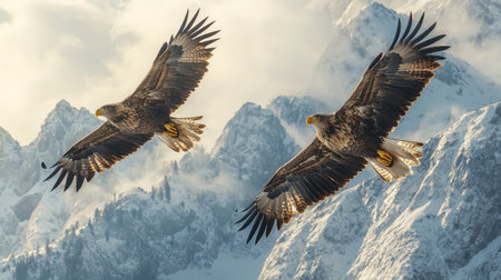 Two majestic eagles soar gracefully over snow-capped mountains under a cloudy sky, showcasing the beauty of nature's wildlife.の素材