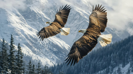 Two majestic eagles soar gracefully against a backdrop of snow-capped mountains and evergreen trees.の素材