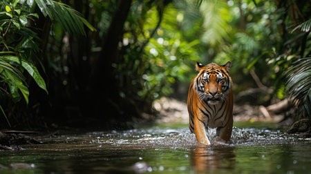 A majestic tiger walks through a lush, green jungle, wading in shallow water, showcasing its striking orange and black stripes.の素材