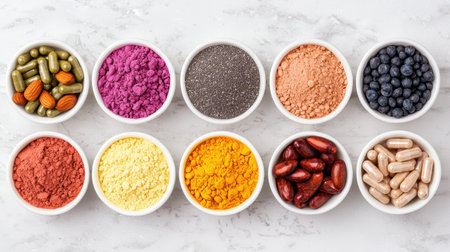 A vibrant array of colorful spices and powders arranged in bowls, showcasing various textures and hues on a light background.の素材