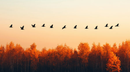 A serene sunset scene featuring a flock of birds flying in formation over vibrant autumn trees.の素材