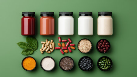A colorful display of jars and bowls filled with various herbs, spices, and supplements on a green background, showcasing healthy food options.の素材