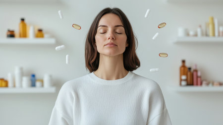 A serene woman with closed eyes, surrounded by wellness products, embodies relaxation and mindfulness in a bright, modern space.の素材