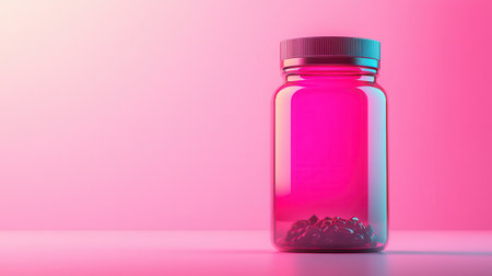 A glass jar filled with colorful pills, set against a vibrant pink backdrop, exuding a modern and artistic aesthetic.の素材