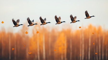 A line of ducks flies gracefully against a backdrop of autumn trees, capturing the beauty of nature in motion.の素材