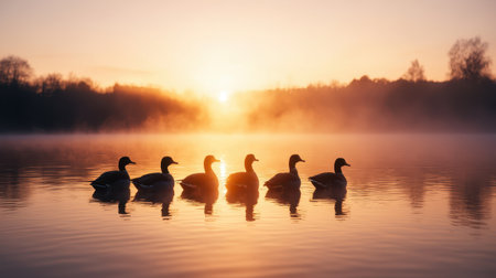 A serene sunset over a lake, featuring a line of ducks gracefully swimming in the calm water, creating a peaceful natural scene.の素材