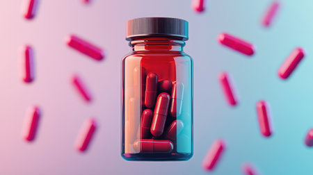 A clear glass bottle filled with red capsules is centered against a colorful background, with additional capsules floating around it.の素材