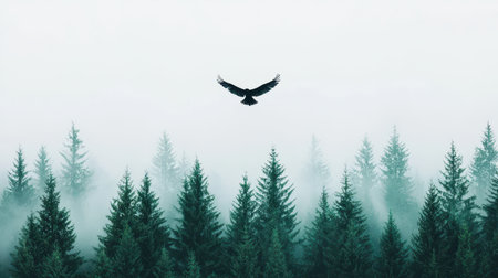A solitary bird soars above a dense forest, enveloped in mist, creating a serene and mysterious atmosphere.の素材