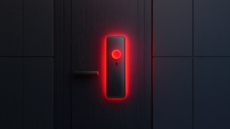 A sleek, modern door lock with a glowing red indicator on a dark wooden door, suggesting advanced security technology.の素材