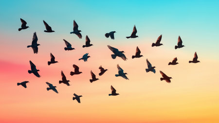A flock of birds gracefully flies against a colorful sunset sky, showcasing vibrant hues of orange, pink, and blue.の素材