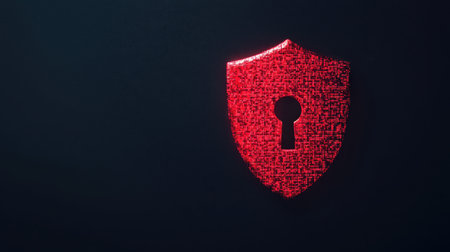 A glowing red shield with a keyhole symbol, representing cybersecurity and protection against digital threats.の素材