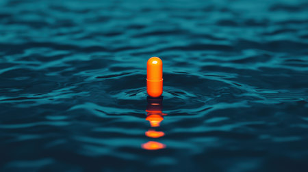 An orange buoy floats on calm, dark blue water, creating a serene and tranquil scene with its reflection below.の素材