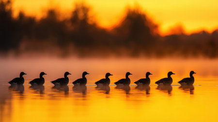 A serene silhouette of ducks swimming in formation across a calm lake during a stunning sunset, with warm hues reflecting on the water.の素材