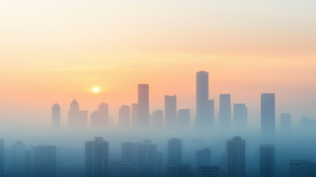 A serene skyline at sunrise, shrouded in mist, showcasing towering buildings against a soft, colorful sky.の素材