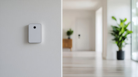 A minimalist interior with a white wall-mounted device and a glimpse of a well-lit hallway featuring a plant and door.の素材