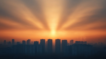 A stunning sunrise casts rays over a city skyline, blending warm orange and cool blue hues into a tranquil urban scene.の素材