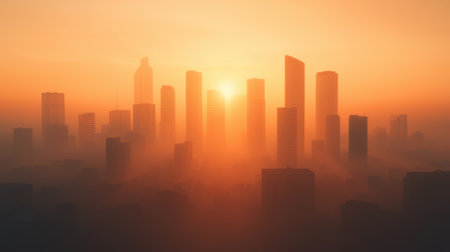 A serene city skyline at sunset, featuring tall buildings silhouetted against a warm, golden sky and soft mist.の素材