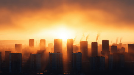 A golden sunrise casts a warm glow over a city skyline, shrouded in mist, with buildings silhouetted against the vibrant sky.の素材