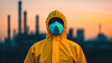 A figure in a bright yellow protective suit and mask stands against a blurred industrial background during sunset.の素材