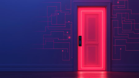 A vibrant door illuminated with neon red light against a deep blue wall, featuring intricate circuit-like patterns.の素材