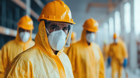 A group of workers in yellow safety gear and masks stands in an industrial setting, emphasizing safety and health precautions.の素材