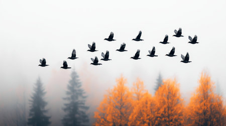 A flock of birds flies over a foggy landscape, with vibrant orange trees and silhouettes of evergreens in the background.の素材