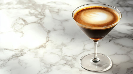 A stylish espresso martini on a marble surface, showcasing rich coffee color and creamy froth, perfect for a sophisticated drink experience.の素材
