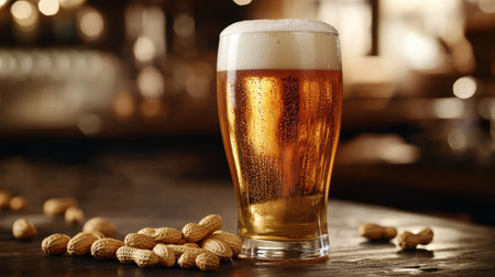A frosty glass of beer sits on a wooden table, accompanied by scattered peanuts, evoking a cozy pub atmosphere.の素材