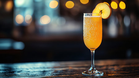 A sparkling orange cocktail garnished with a slice of fruit, set against a softly lit background, creating an elegant and inviting atmosphere.の素材