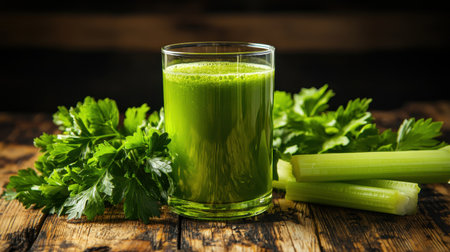 A refreshing glass of green celery juice surrounded by fresh celery stalks on a rustic wooden surface.の素材