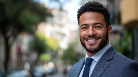 A well-dressed man smiles confidently in an urban setting, showcasing a friendly demeanor against a blurred city background.の素材