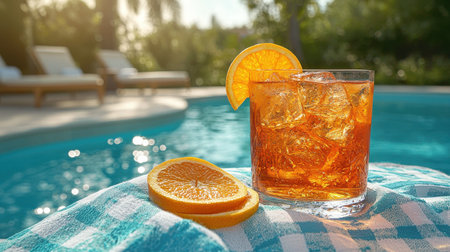 A refreshing drink with an orange slice sits by a shimmering pool, capturing the essence of summer relaxation and leisure.の素材