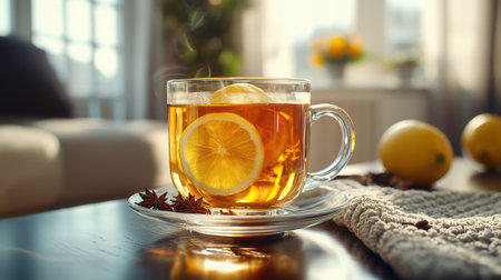 A warm cup of lemon tea sits on a saucer, surrounded by lemons, in a cozy, sunlit room, evoking a sense of relaxation and comfort.の素材