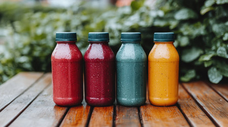 Four colorful juice bottles arranged on a wooden surface, surrounded by greenery, showcasing vibrant colors and fresh ingredients.の素材