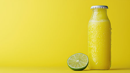 A vibrant yellow bottle of juice sits beside a lime half on a matching yellow backdrop, evoking freshness and summer vibes.の素材