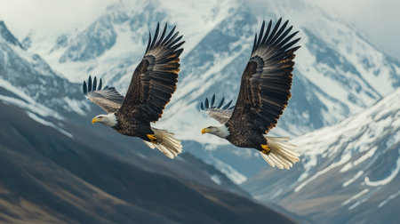 Two majestic eagles soar gracefully above a stunning mountain landscape, showcasing their powerful wings against a backdrop of snowy peaks.の素材