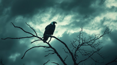 A solitary eagle perches on a barren branch against a backdrop of dramatic, cloudy skies, evoking a sense of mystery and nature's raw beauty.の素材