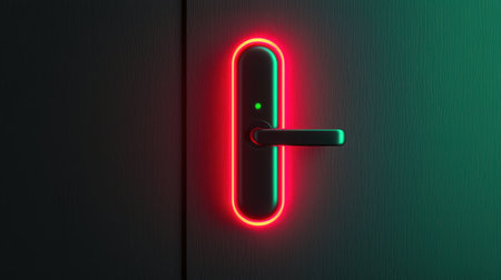 A modern door handle illuminated with red and green neon lights, set against a dark background, creating a sleek and futuristic look.の素材