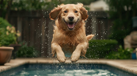 A joyful golden retriever leaps into a pool, splashing water everywhere in a playful summer scene.の素材