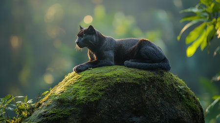 A sleek, dark cat rests on a mossy rock in a lush, green forest, bathed in soft sunlight, embodying tranquility and natural beauty.の素材