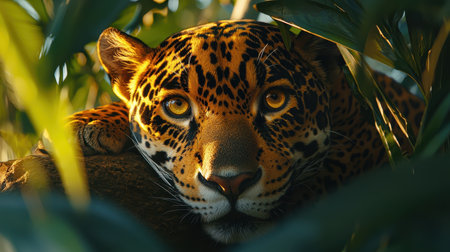 A close-up of a jaguar peering through lush green foliage, showcasing its striking coat and intense gaze.の素材