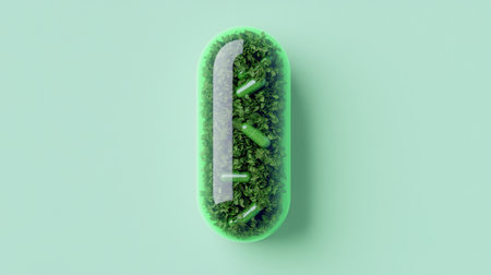 A capsule filled with lush greenery symbolizes health, nature, and wellness against a soft mint background.の素材